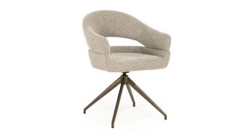 Eleonora eetkamerstoel Hailey in taupe Eira-stof, schuin vooraanzicht met metalen draaivoet in bronskleur.