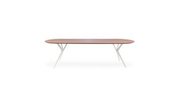 Plat ovale eetkamertafel Sem met HPL tafelblad, verfijnde facetrand en modern Kai-onderstel in een elegante uitvoering.