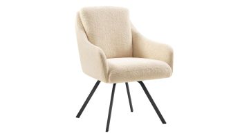 Pronto Wonen eetkamerstoel Meltina draaibaar in beige bouclé met zwarte metalen poten, vooraanzicht.