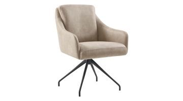 Pronto Wonen eetkamerstoel Meltina draaibaar in beige microleder met zwarte metalen poten, vooraanzicht.