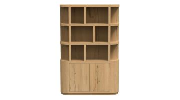 Wandkast Novero 145 cm van eikenhout met open vakken en twee deuren, vooraanzicht