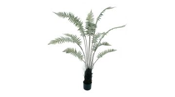 ISAA Varen Boom 150 cm van polyester en metaaldraad met sierlijke, groene bladeren in een zwarte pot tegen een witte achtergrond.