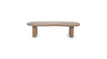 Eleonora salontafel Josh in bruin hout met organische vorm en ronde poten, op witte achtergrond.