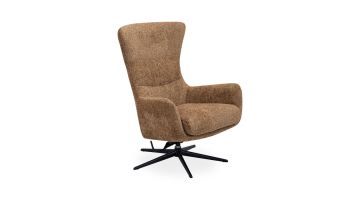 Draaifauteuil Alora in bruin-groene boucléstof met zwart metalen 5-teensvoet zijaanzicht