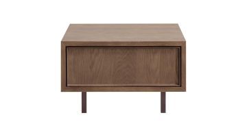 Salontafel Calvo bruin 64x64 cm, voorkant met ladefront en donkere metalen poten