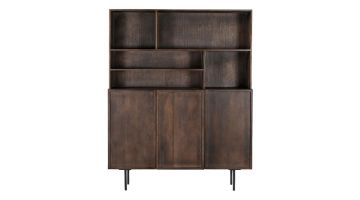 Wandkast Elan Donkerbruin Mangohout met open vakken bovenin en drie deuren onderin, frontaal op witte achtergrond.