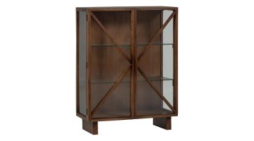 WOOOD kast Kella 2-deurs van bruin mangohout met glazen panelen en houten kruislatten, gesloten weergave op witte achtergrond.