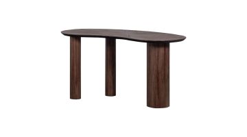 WOOOD sidetable Sun van gerecycled teakhout met organisch gevormd blad en drie ronde poten, weergegeven op witte achtergrond.