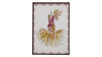 Kunstwerk Trendhopper Fashion Art Dress 50x70 cm by Jill met kleurrijke jurk in roze, geel en groen tinten op witte achtergrond.