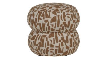 WOOOD poef Anic met bruin grafisch patroon in ronde vorm.