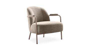 Fauteuil Galesse in taupekleurige weefstof met elegant grijs metalen frame schuin van voren