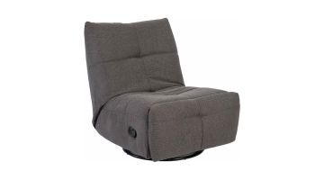 Relaxfauteuil Lazy van Starfurn in donkergrijze stof met zwarte draaivoet, schuin vooraanzicht.