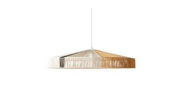Hanglamp van papertouw in naturel en wit met zwart accent, handgemaakt en rond design Ø70 cm, zijaanzicht.