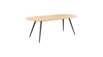 Ovale eettafel Tabiro 220x90 cm in naturel eiken met zwarte metalen poten, schuin van voren.