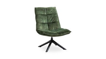 Draaifauteuil Calpe in donkergroene velvet stof met biesafwerking en zwarte metalen 4-teensvoet, vooraanzicht op witte achtergrond.
