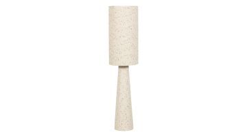 WOOOD Loft vloerlamp Bouclé Naturel met Stippen, slanke 130 cm hoge lamp met cilindervormige kap op witte achtergrond.