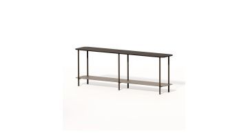 Consoletafel Allesandro met donker tafelblad, slank metalen frame en praktisch onderblad voor hal of woonkamer.