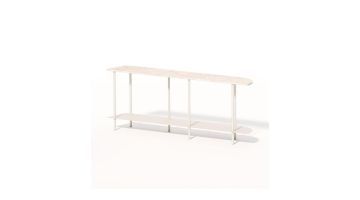 Moderne consoletafel Eduardo met licht houten blad, wit metalen frame en praktisch onderblad voor hal of woonkamer.