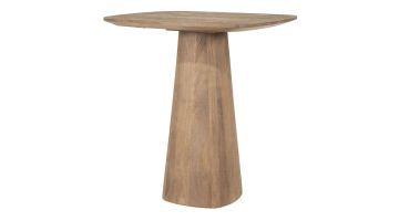 Eleonora countertafel Aron lichtbruin, hoge houten tafel met afgerond blad en taps toelopende kolompoot op witte achtergrond.
