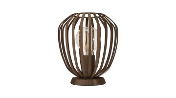 Tafellamp Espinal in geborsteld brons met open metalen kap en zichtbare lichtbron, gefotografeerd tegen een witte achtergrond met focus op het compacte ontwerp.