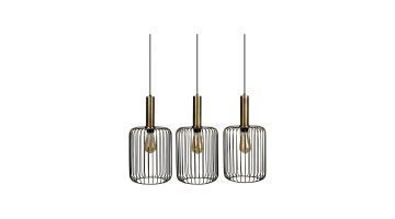 Bincerro hanglamp van bronskleurig metaal met drie open frames en drie lichtpunten naast elkaar, vooraanzicht.
