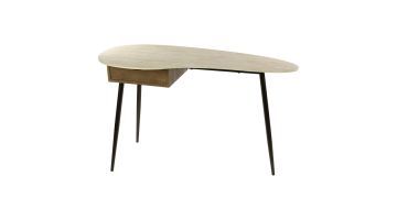 Kaptafel Travino met organisch keramiek travertin blad, houten lade links en drie slanke zwarte poten op witte achtergrond.