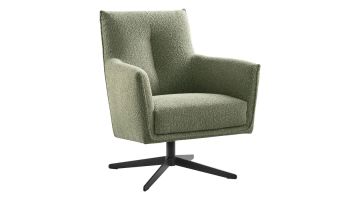 Groene Pronto Wonen draaifauteuil Dono met zachte stof en zwarte metalen 4-teens draaipoot, schuin van voren gefotografeerd.