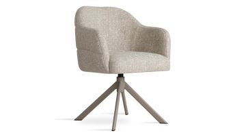 Draaibare armstoel in beige stof met afgeronde rug en taupekleurig metalen onderstel zijaanzicht