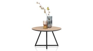 Ronde bijzettafel Avalon 60x50 cm met natural Primo Laminato blad en zwart metalen onderstel, gestyled met glazen en keramische accessoires.