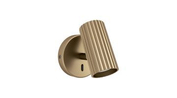 Portillo wandlamp Portillo in mat messing met cilindervormige geribde kap, frontaal weergegeven aan de muur.