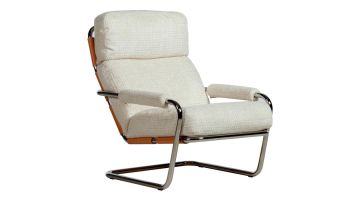 Gelderland fauteuil 601 Mr. Oberman in lichte stoffering met chromen buisframe, schuin vooraanzicht.