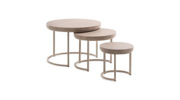 Set van drie ronde bijzettafels in verschillende hoogtes met Grey Oak blad en metalen frame in Stone Grey