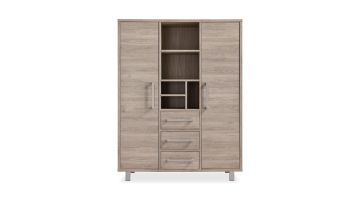 Opbergkast Gradoly in grey oak met open vakken, drie lades en twee deuren op lichtgrijze metalen poten