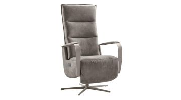 Elektrische relaxfauteuil Seduto in donkergrijs microleder met metalen armleuningen en vijfteens voet.