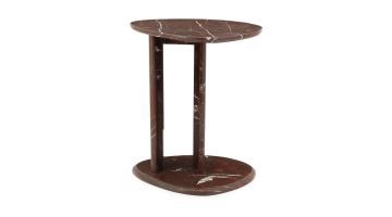 Bijzettafel Lior van gepolijst marmer met een donkere roodbruine tint en witte aders, gefotografeerd vrijstaand op een witte achtergrond.