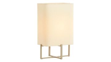 Tafellamp Focate taupe met hoge ecru stoffen kap en open metalen frame, gefotografeerd van voren met warm licht door de kap.