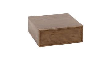 Zwevend nachtkastje van massief acaciahout in drift brown, gesloten frontaanzicht.