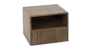 Zwevend nachtkastje Carve van massief acaciahout met open vak en lade, afgewerkt in bruin hout