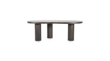 Bruine eettafel Bobbie van walnootfineer met organisch blad en drie ronde cilinderpoten op witte achtergrond.