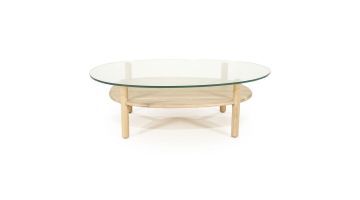 Ronde salontafel Cleo naturel met glazen blad en houten onderplank, frontaanzicht op witte achtergrond.