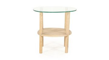 Ronde bijzettafel met glazen blad en houten onderplank, Eleonora Cleo naturel.