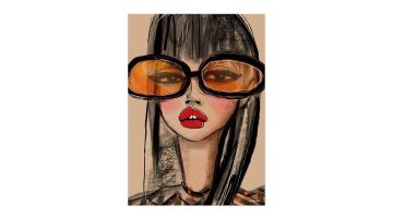 Moderne art print van vrouw met oversized oranje zonnebril en rode lippen.