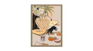 Urban Cotton Art Print Fruitful Spread met illustratie van vaas, tropische bladeren en fruit zoals papaya en vijg