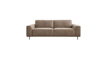 Pantini 3-zitsbank microleder bruin, vooraanzicht met warme metalen poten.