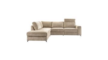 Taupe bouclé hoekbank Licato links, vooraanzicht met royale zitting en zwarte metalen poten.