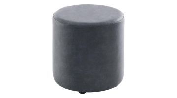 ronde poef Roby donkerblauw microleder met zwarte pootjes, vrijstaand op witte achtergrond