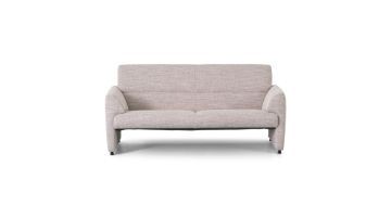 Beige Montèl Mondi 3-zitsbank in Discovery-stof, recht van voren gefotografeerd op witte achtergrond