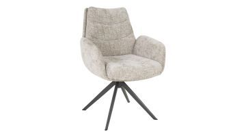 Draaibare armstoel Lounge Rich Zand in licht beige stof met zwart metalen spinpoot op witte achtergrond