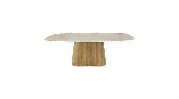 Deens ovale eettafel Romano Centro met travertin keramiek blad en centraal onderstel in eikenhout-look