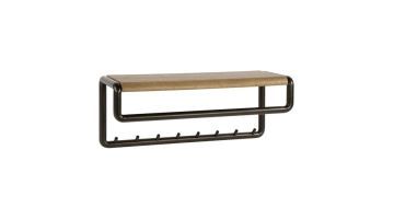 Kapstok Luno Drift Brown met bronzen frame, hoedenplank in eikenhoutlook, roede en acht haken tegen witte achtergrond.